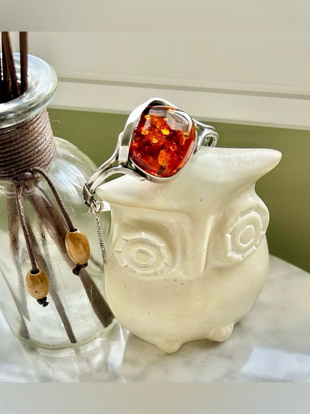 Oversized Baltic Amber & Sterling Silver Modernist Cuff Bracelet (Vtg) - Picture 3 of 15